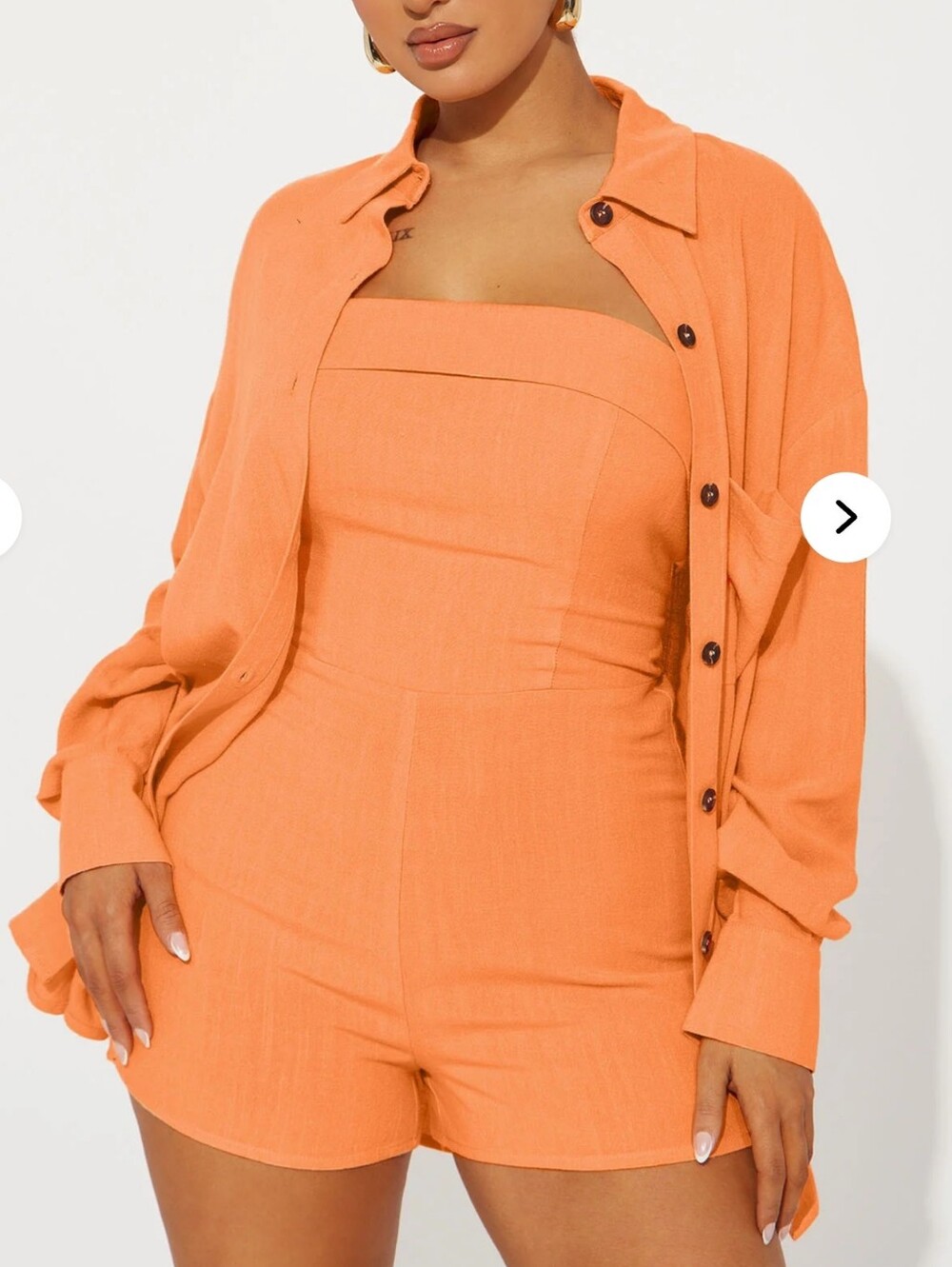 Fashion Nova Women’s Orange Strapless Linen Romper with Matching Shirt Size S